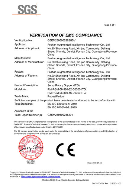 Chiny Foshan Augmented Intelligence Technology Co., Ltd Certyfikaty
