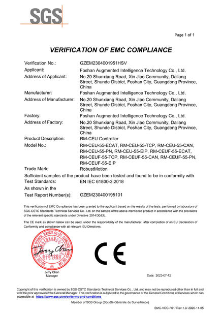 Chiny Foshan Augmented Intelligence Technology Co., Ltd Certyfikaty